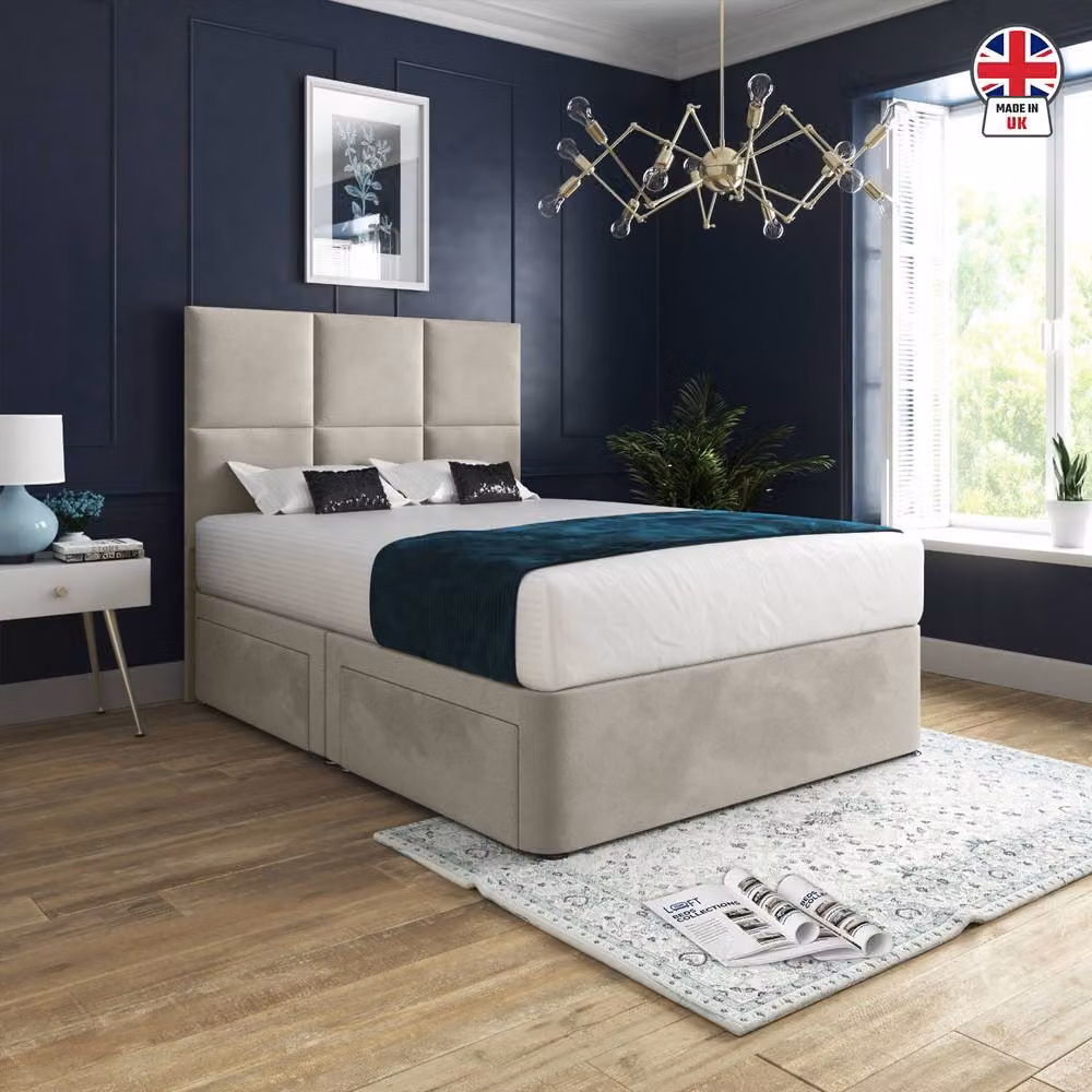 KDMD Itchen Upholstered Designer Bed Frame with Floorstanding Headboard in Beige Fabric, Double Size – 3