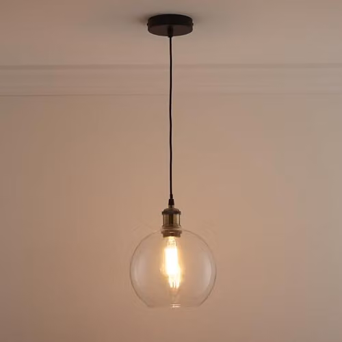 K LIVING Antonio Hanging Glass Sphere Pendant Light in Transparent and Brass with Included LED Filament Bulb – 2