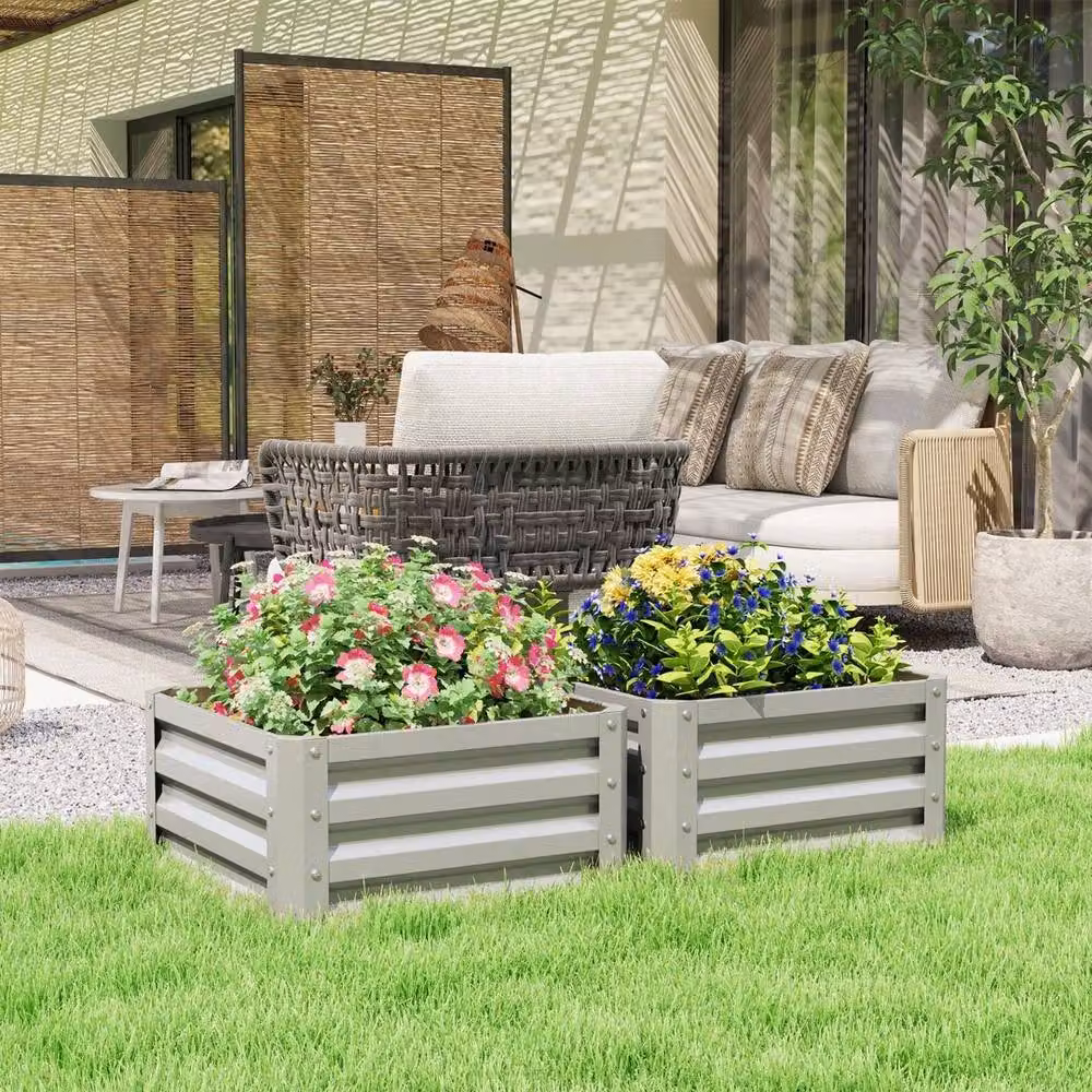 VOGREX Set of 2 Grey Galvanised Steel Raised Garden Planter Boxes W/D/H: 60 x 60 x 30.5 cm – 2