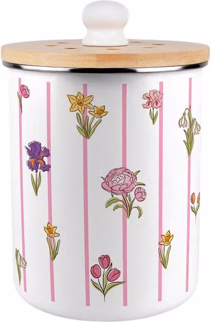 Purely Home Pinstripes & Flowers Food Waste Caddy, 2L Metal and Bamboo Compost Bin, Pink and White