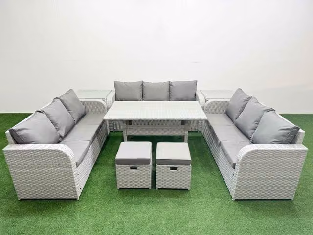 Fimous 11 Seater PE Rattan Outdoor Garden Furniture Set with Rectangular Dining Table, 3 Seater Sofa, 2 Stools and 2 Side Tables in Light Grey