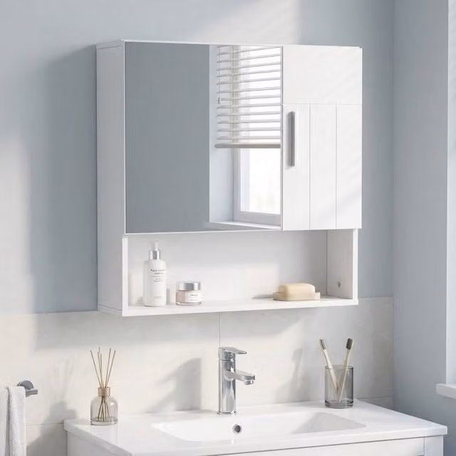 STILVORA White Wall Mounted Bathroom Mirror Cabinet with Soft Close Hinged Glass Doors and Internal Shelves – 1