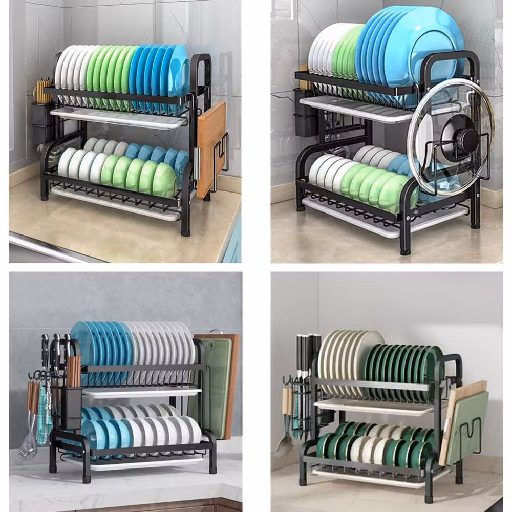 Dprodo 2 Tier Black Coated Steel Dish Drainer Rack, W: 60 cm, D: 42 cm, H: 23 cm – 6