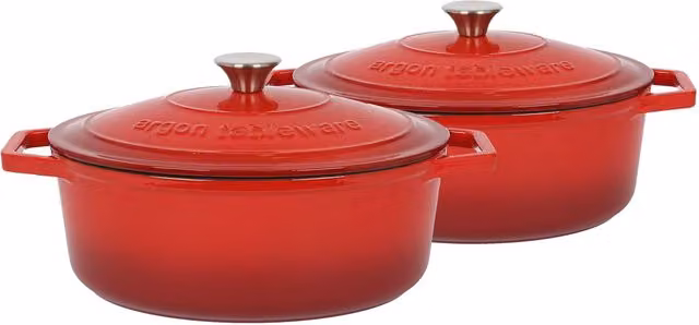 Argon Tableware 2x Red Oval Cast Iron Casserole Dishes with Self Basting Lids, 4.68L