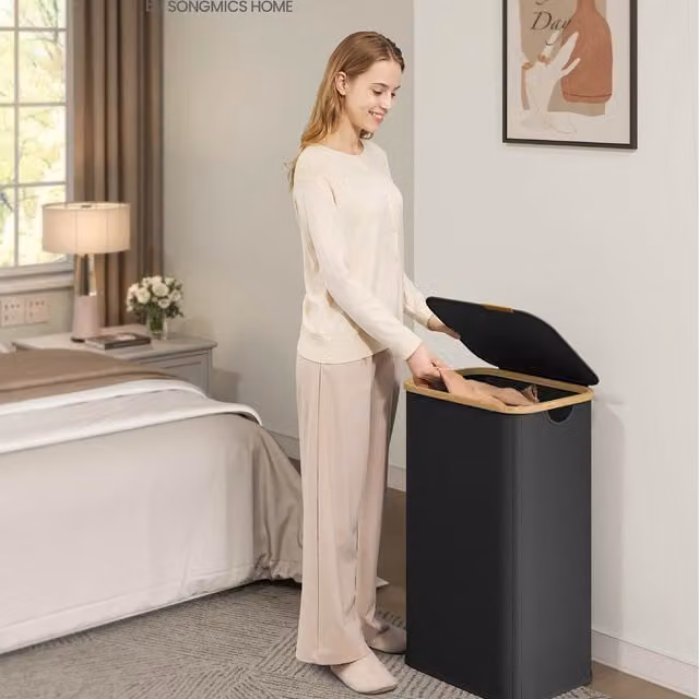 SONGMICS 100L Foldable Bamboo Laundry Hamper with Lid, Black
