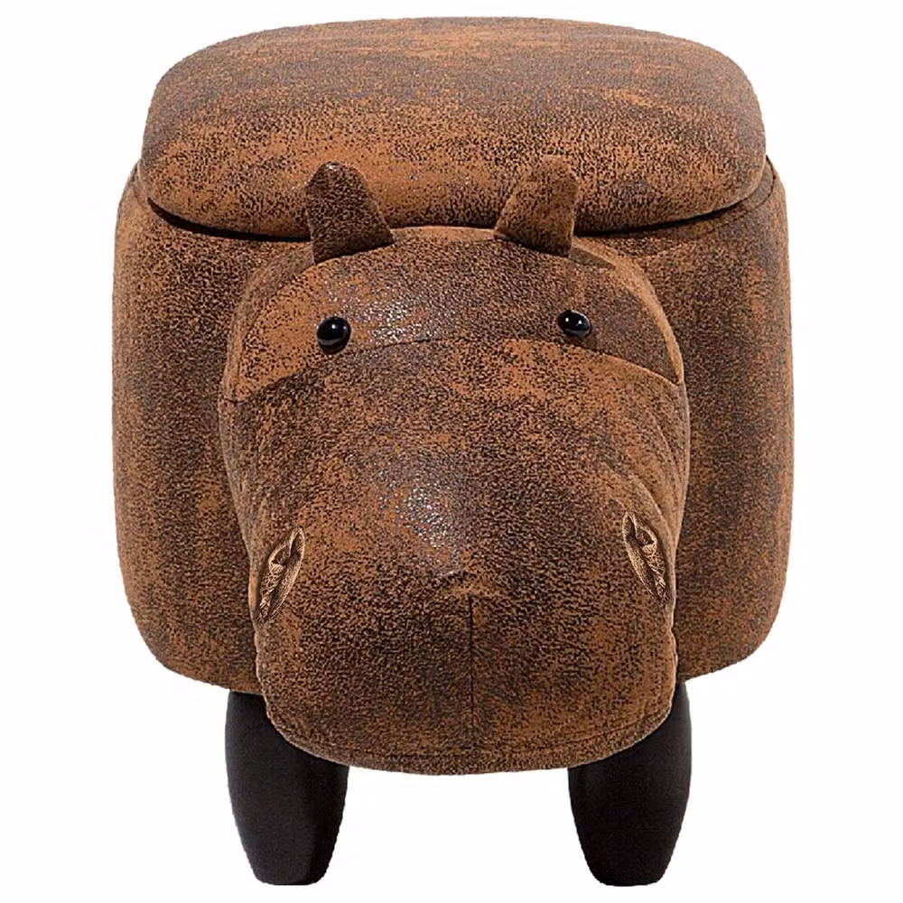 Wyld and Coco Hippo Kids Stool with Storage in Brown Faux Leather and Rubberwood Legs – 5
