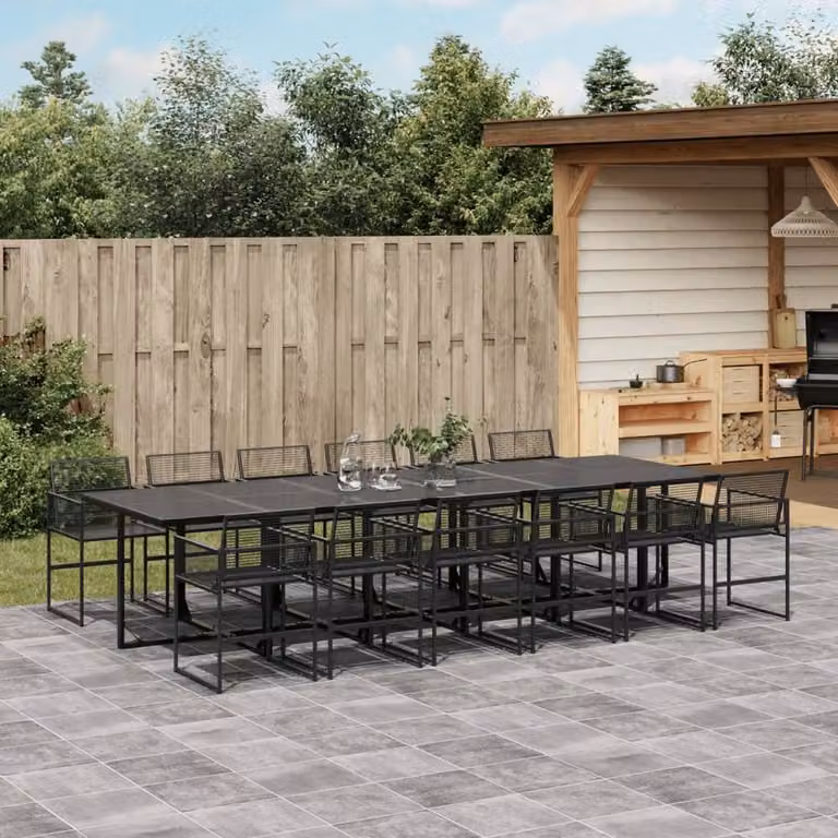 Berkfield Home Beautiful 13 Piece Black Poly Rattan Garden Dining Set with Glass Tabletop