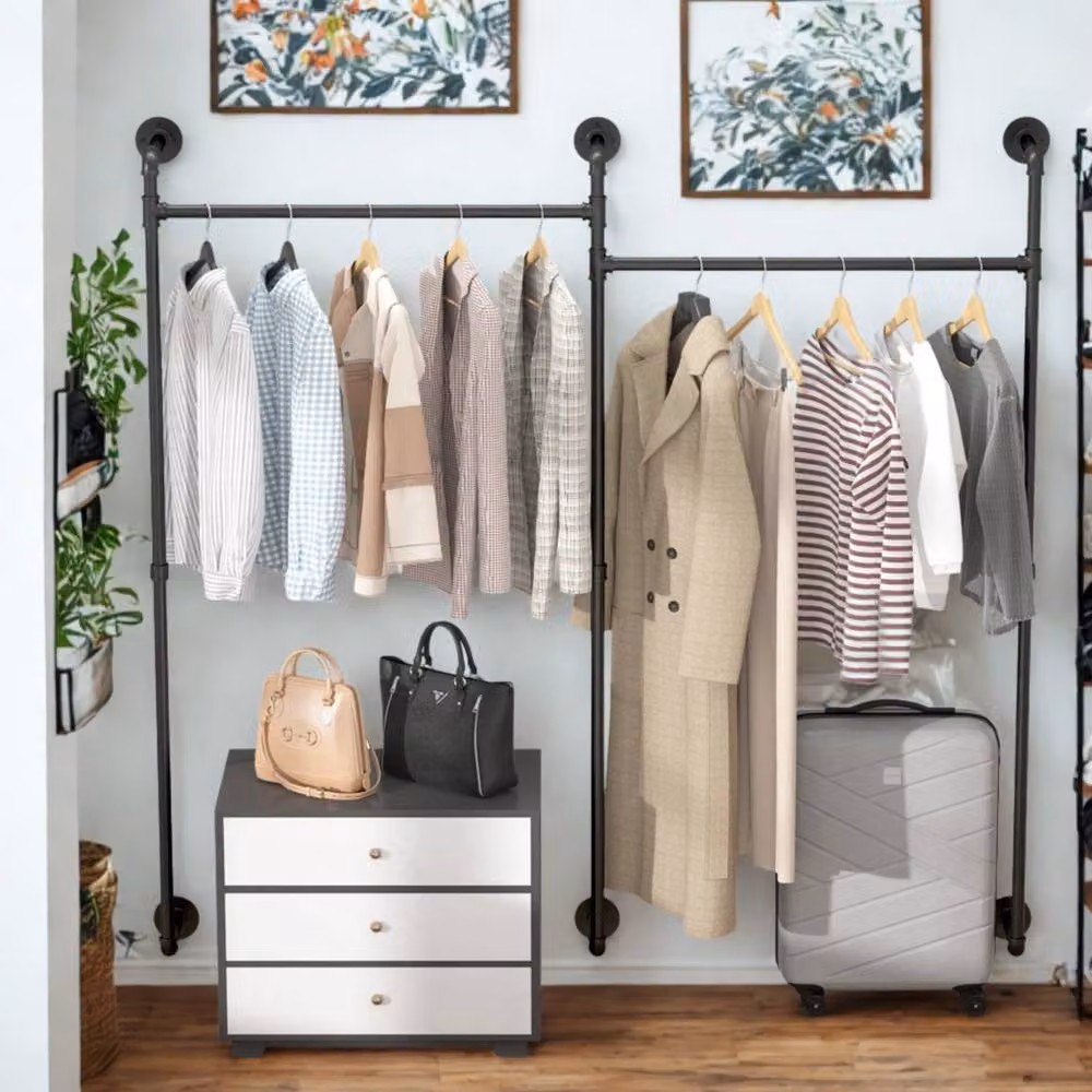 FURNOS Industrial Matt Black Metal Wall-Mounted Continuous Linear Tube Clothes Hanging Rail – 5