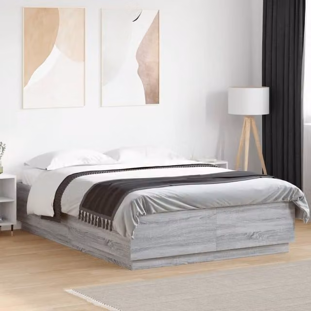 Berkfield Home King Size Bed Frame in Grey Sonoma with LED Under-Bed Lighting and USB Charging Port, W: 150 cm, D: 200 cm