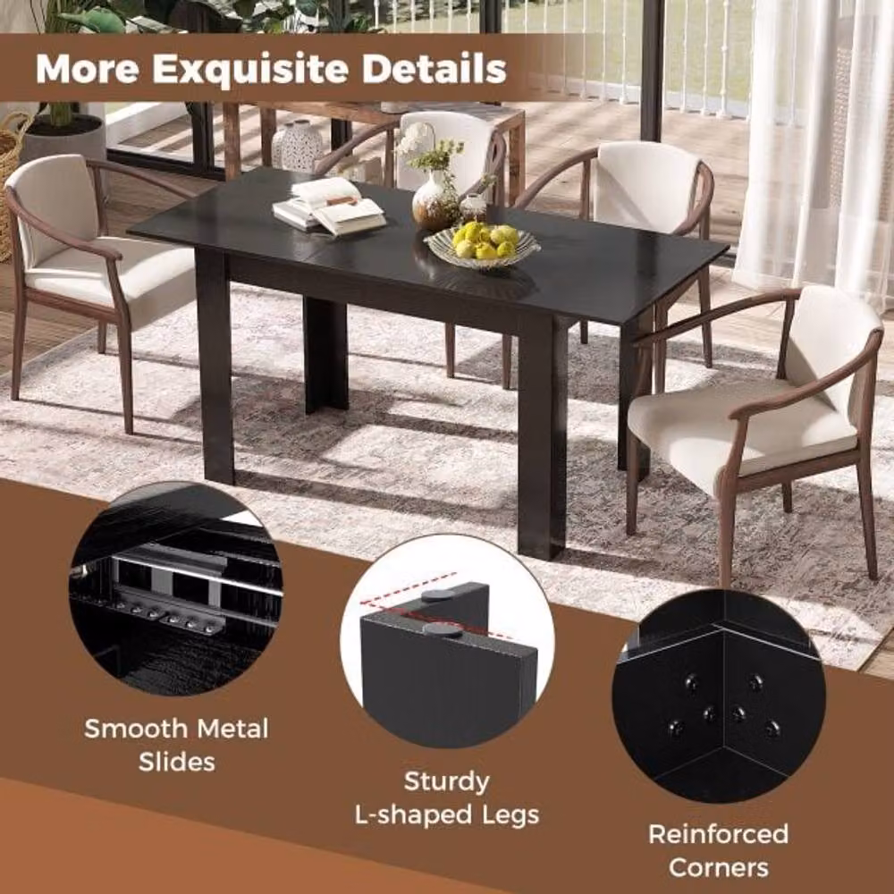 Costway Extendable Modern Rectangular Dining Table with L-shaped Legs, Black – 4