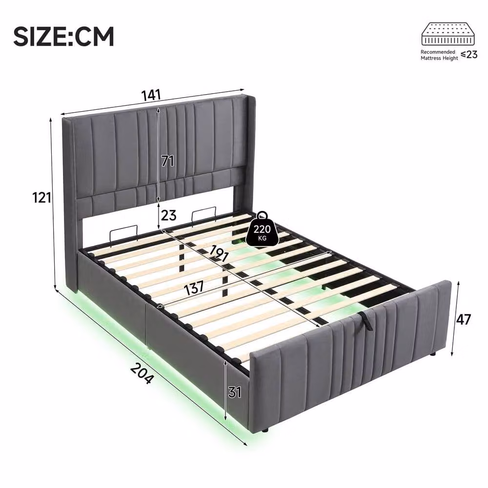 Rolipo Double Ottoman Bed in Grey Velvet with LED Under-Bed Lighting – 2