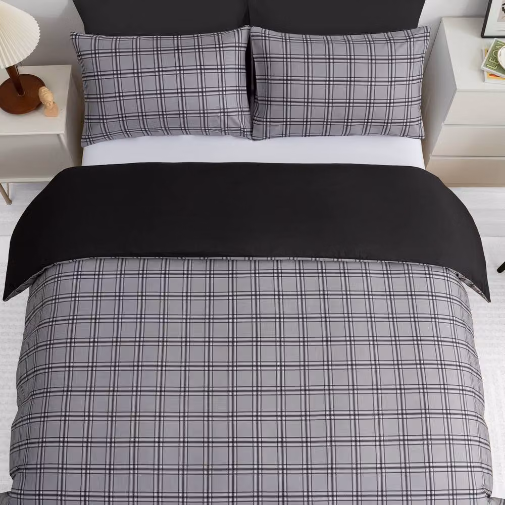 Pamposh Grey Checkered Microfibre Duvet Cover Set, Single (90 x 200 cm) – 3