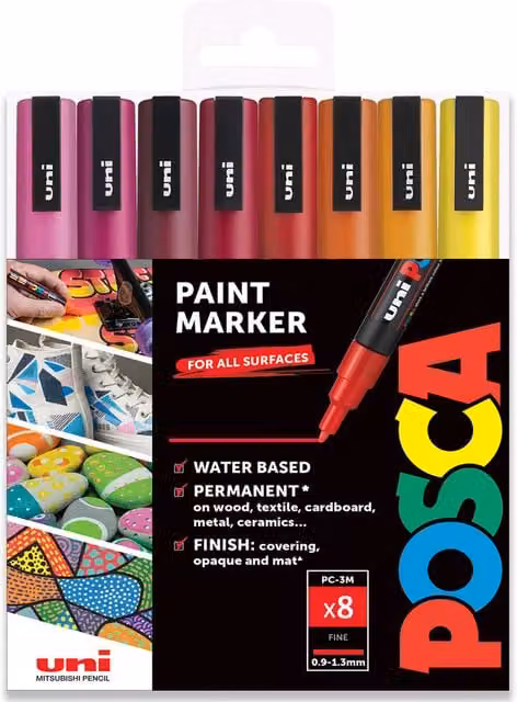 POSCA PC-3M Paint Marker Set with 8 Warm Tone Bullet Nib Art Pens