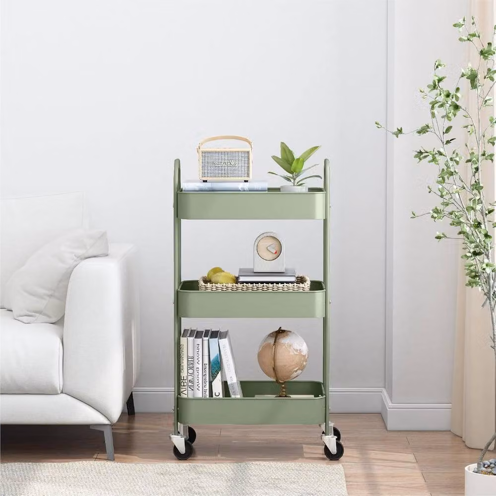 Simpa 3 Tier Metal Multipurpose Wheeled Storage Tray Cart in Matt Dark Green, H x W x D: 78.5 x 46 x 30.5 cm – 2