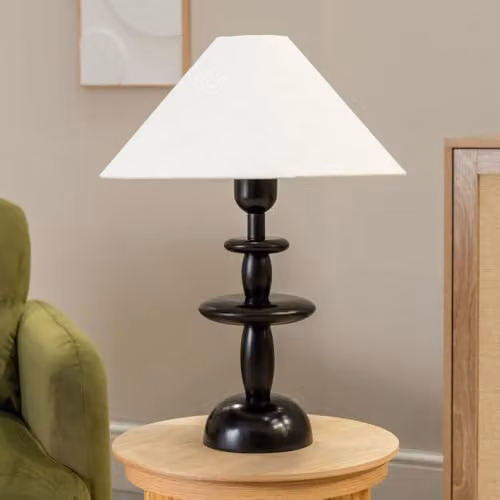 ValueLights Justin Stacked Table Lamp with Natural Linen Tapered Shade and LED Bulb in Wood and White – 2
