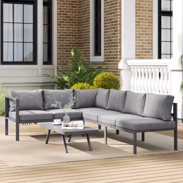 Outsunny Modern Metal Patio Furniture Set with Adjustable Backrest in Matt Dark Grey