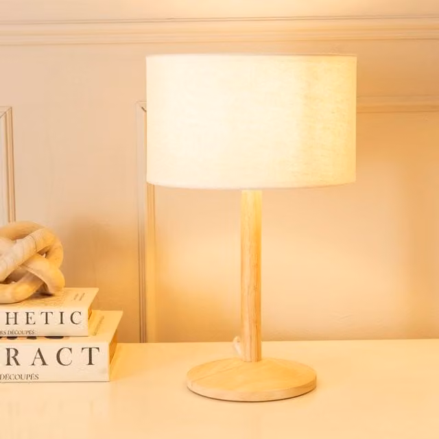 ValueLights Triston Natural Wood Stem Table Lamp with White Fabric Drum Shade