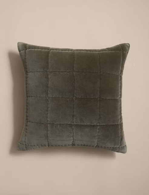 M&S Pure Cotton Velvet Quilted Square Cushion in Khaki