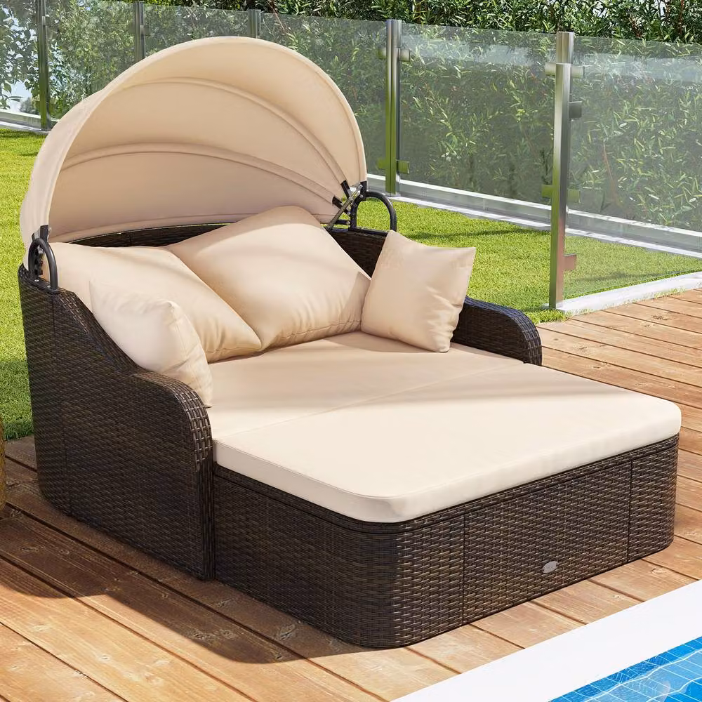 Costway Modern PE Rattan Patio Daybed with Retractable Canopy in Beige – 9