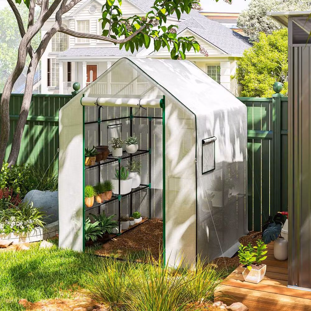 STILVORA White Walk-In Greenhouse with Shelving and Mesh Windows, W/D/H: 140 x 143 x 190 cm – 2