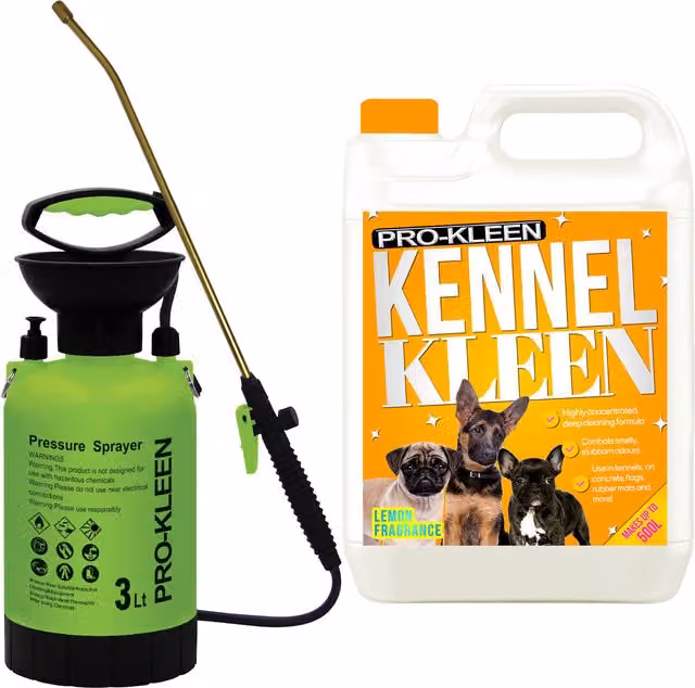 Pro-Kleen 3L Pump Sprayer with 5L Kennel Kleen in Lemon Yellow and Green