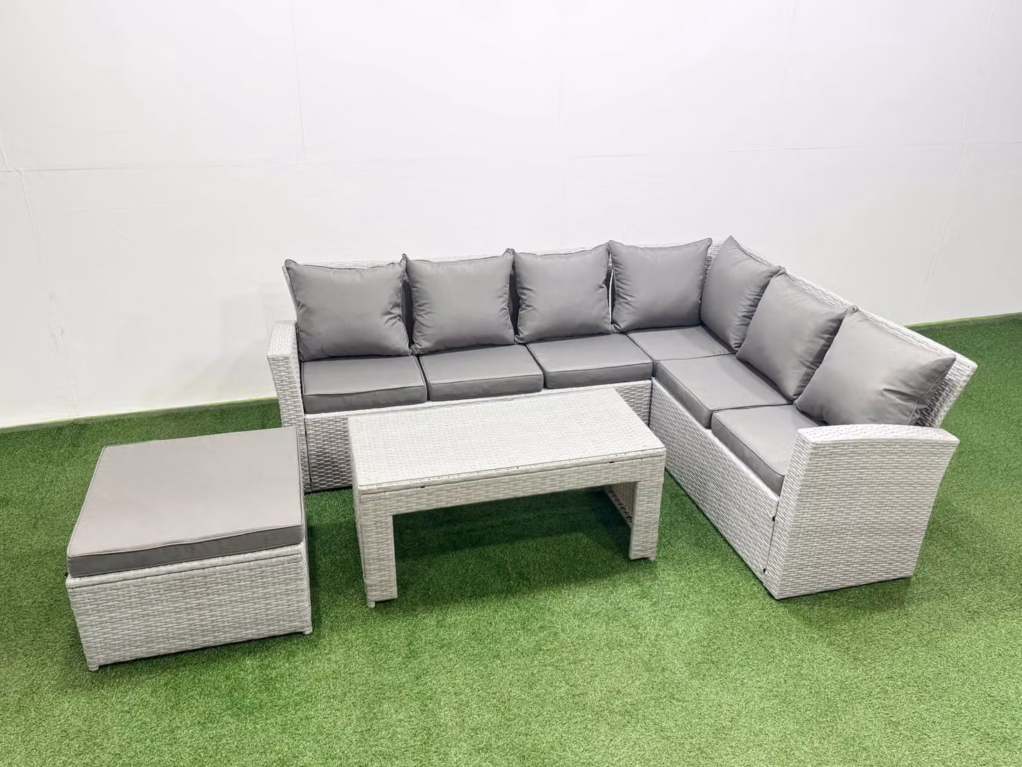 Fimous 7 Seater L-Shape Rattan Garden Furniture Set in Light Grey with Upholstered Cushions, Coffee Table and Ottoman