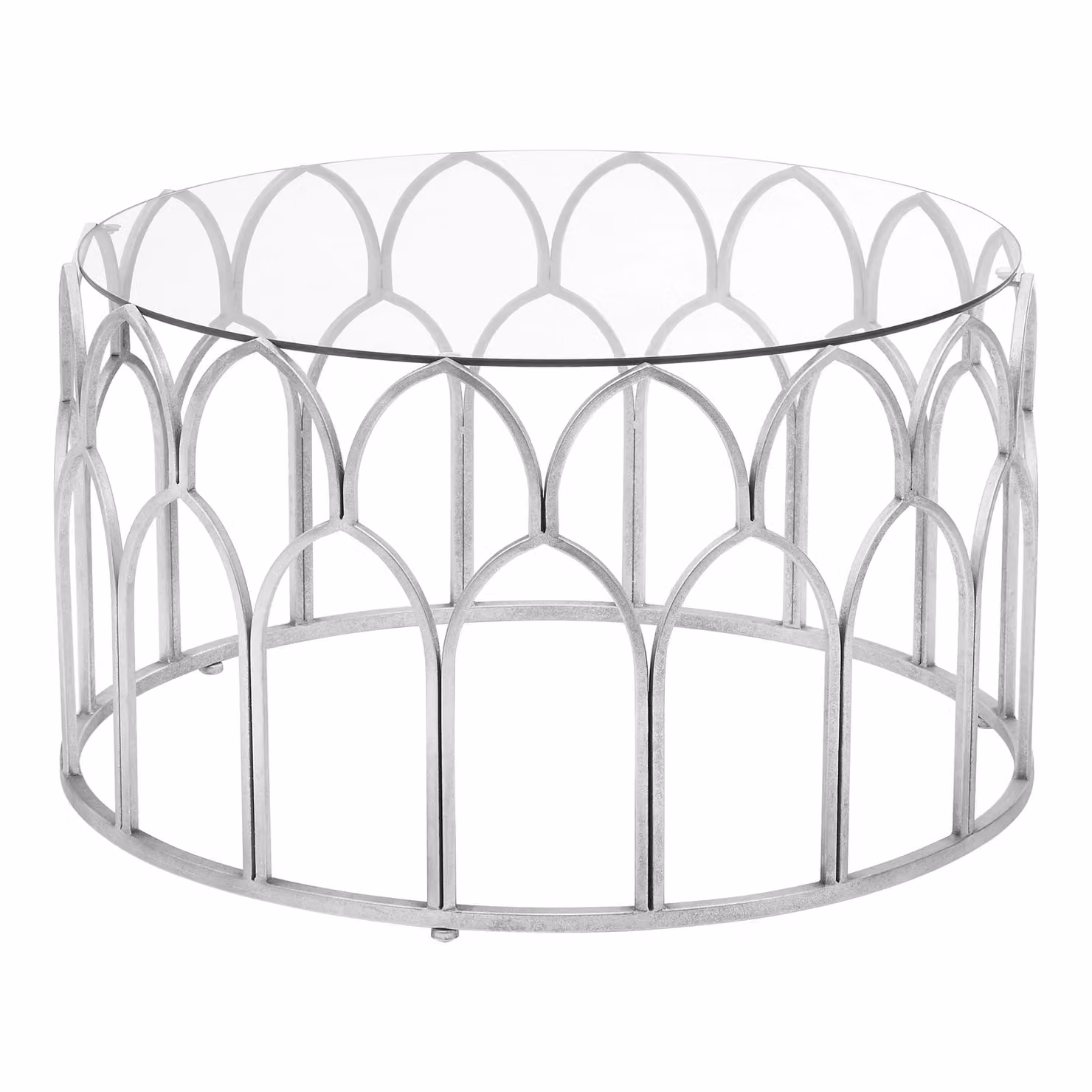 Orsina Moroccan Style Round Glass Coffee Table with Silver Metal Frame – 3
