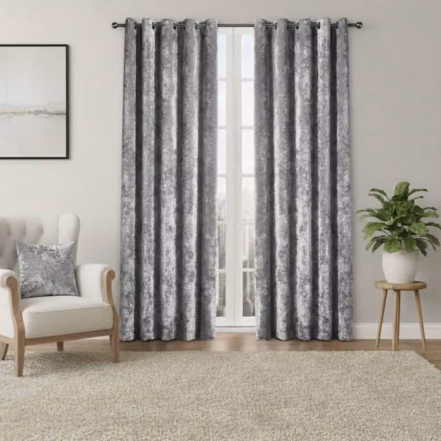 Snug City Silver Crushed Velvet Eyelet Curtains, Thermal Insulating and Opaque, Width: 117 cm, Height: 137 cm – 1