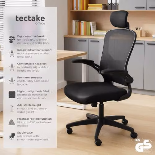 tectake Ergonomic Office Chair in Black with Mesh Backrest, Headrest and 360 Degree Swivel Function – 3