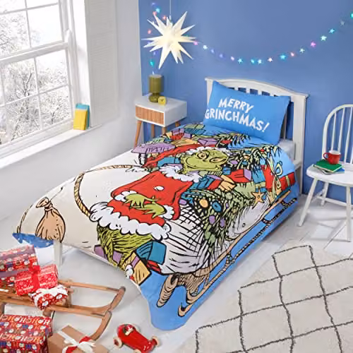 Coco Moon The Grinch Christmas Sleigh Reversible Single Duvet Cover and Pillowcase Set in Blue and Green, W/D/H: 135 x 200 cm – 1