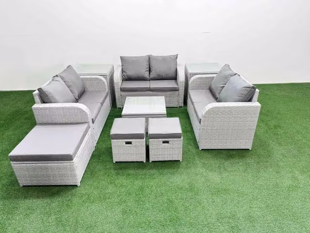 Fimous 9 Seater PE Wicker Rattan Garden Furniture Set in Light Grey with U-Shape Sofa, 2 Seater Love Sofa, 3 Stools, 2 Side Tables, Square Coffee Table and Matching Ottoman