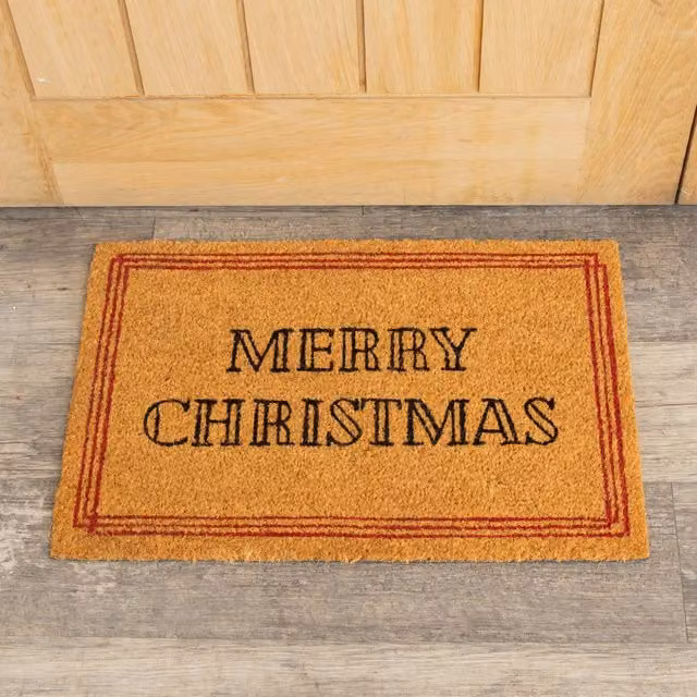 Melody Maison Merry Christmas Coir Door Mat, Red and Beige, W: 60 cm, D: 40 cm