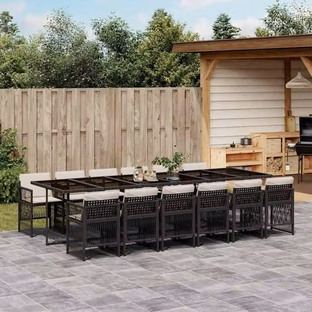 Berkfield Modern Black Polyrattan Garden Dining Set with Glass Tabletop