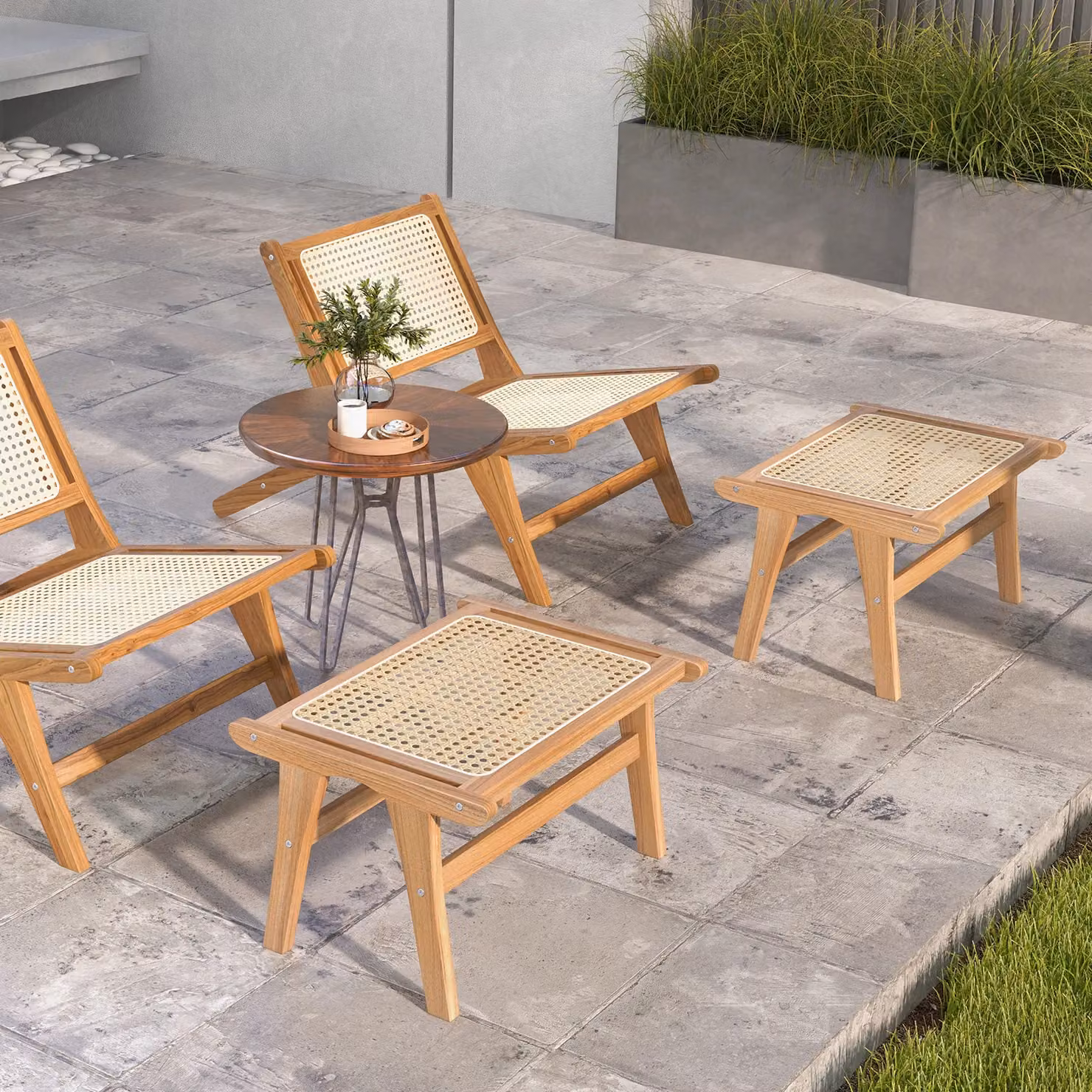 Gymax Natural Teak Wooden Patio Ottoman Footstool in Light Khaki – 5