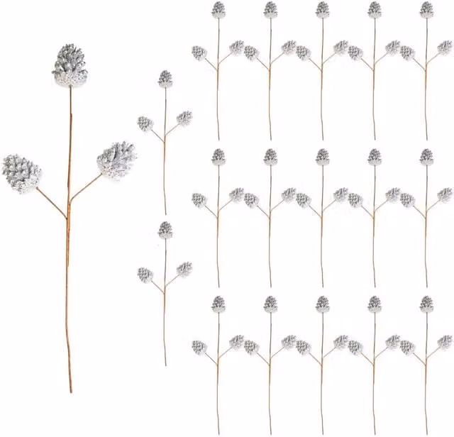 Shatchi Glitter Silver Pine Cone Christmas Picks, 6 Pack, Height: 58 cm – 1