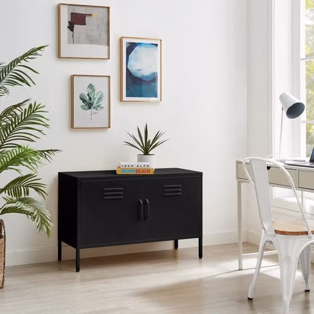 FurnitureboxUK Teksi Modern Industrial Matt Black Metal 2 Door Sideboard