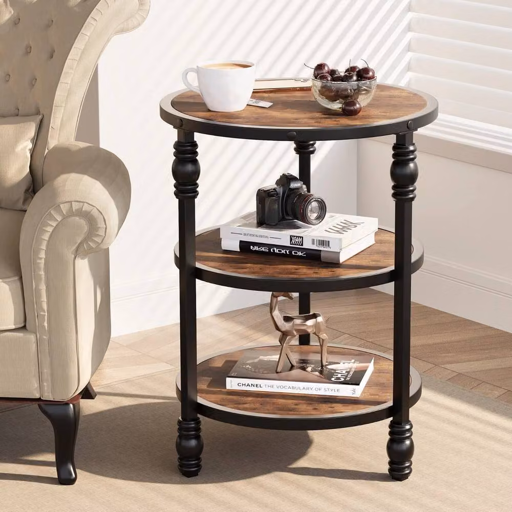 FORGEVIO 3 Tier Small Round Sofa Side Table with Storage in Brown – 4