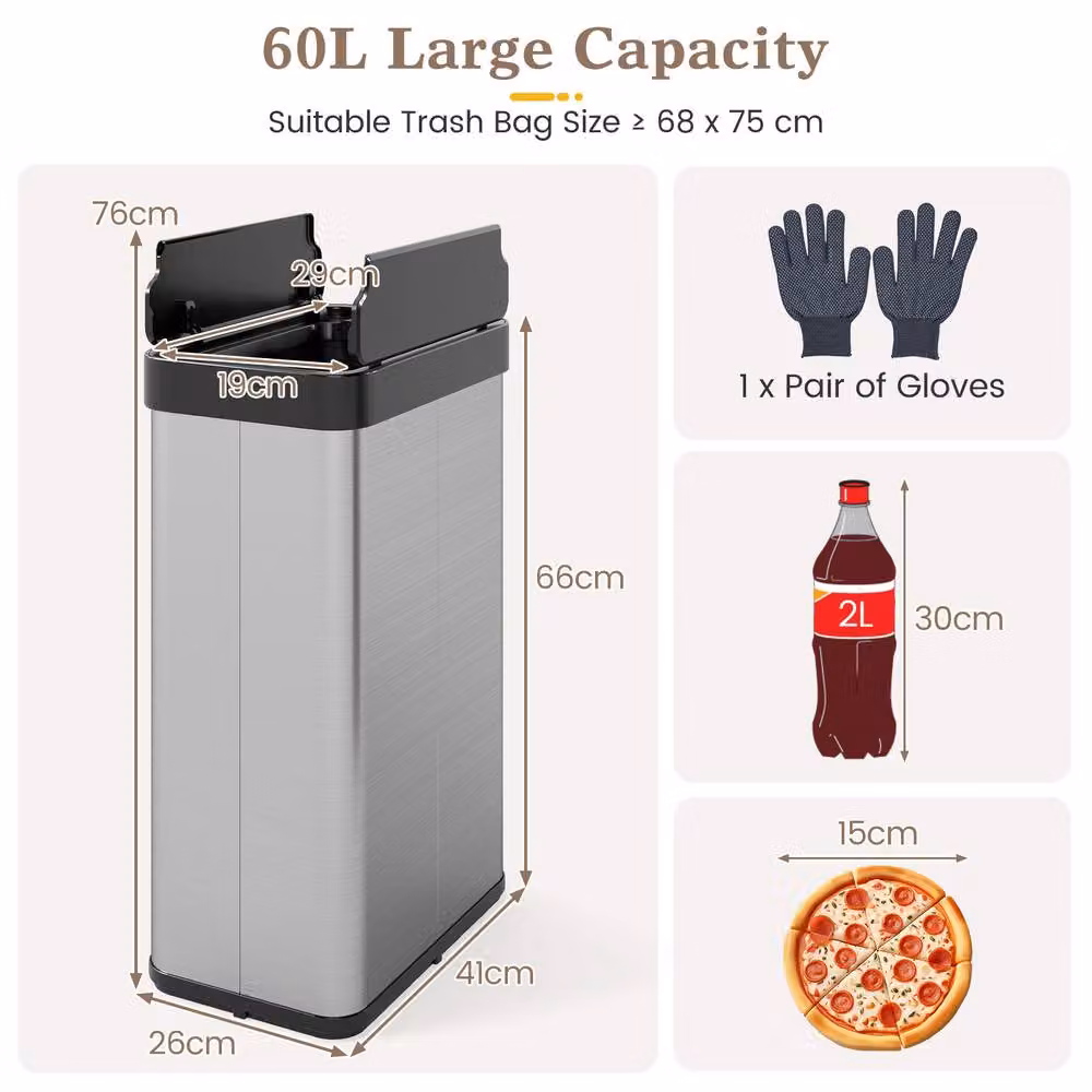 Costway 60L Infrared Motion Sensor Trash Can with Wing Lids in Silver – 2