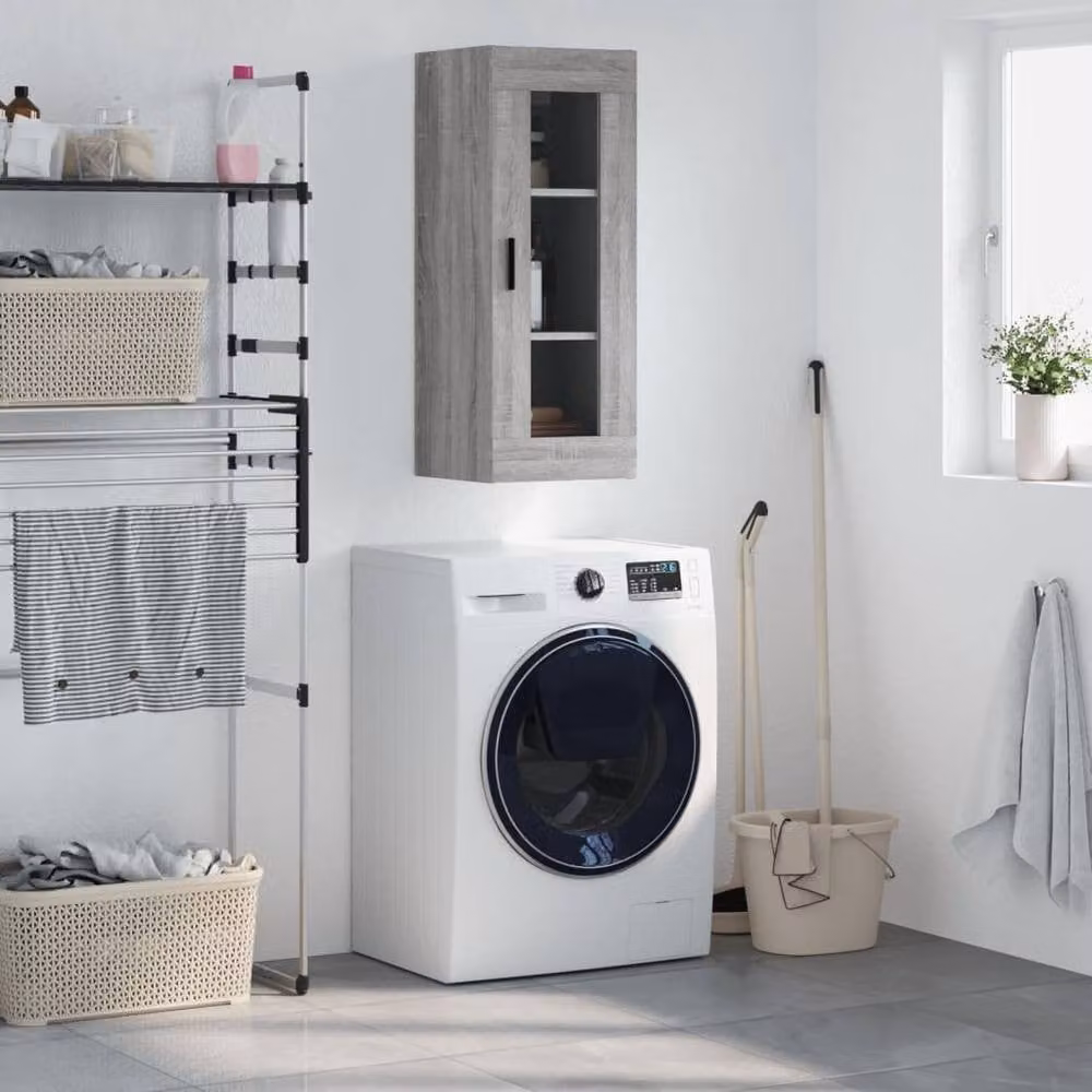 Berkfield Home Wall Mounted Cabinet in Grey with Glass Doors, W/D/H: 34.5 x 34 x 90 cm – 2