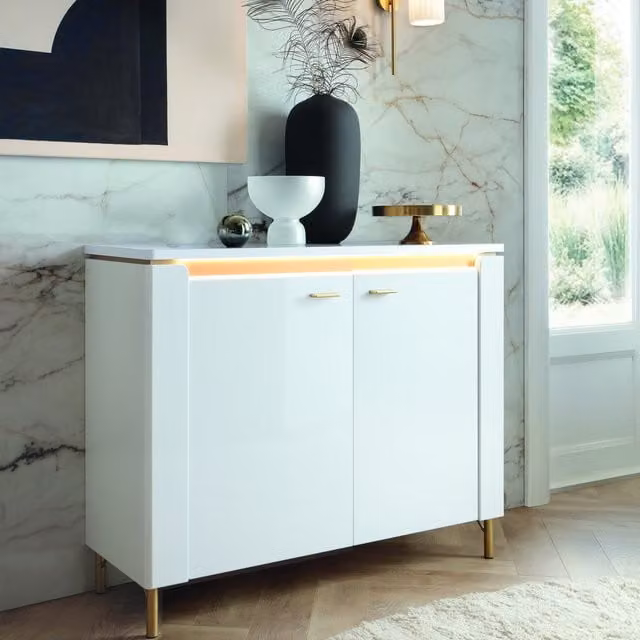 Furniture To Go Lazio 2 Door Sideboard in White Gloss with Integrated Lighting and Gold Details