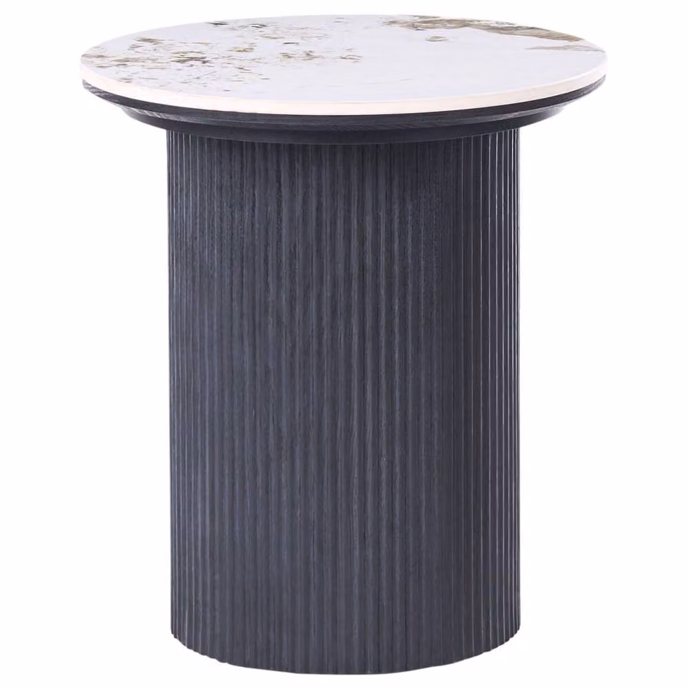 Wyld and Coco Round Side Table with White Marble Pattern Ceramic Top and Black Ribbed Base, Diameter: 45 cm – 2