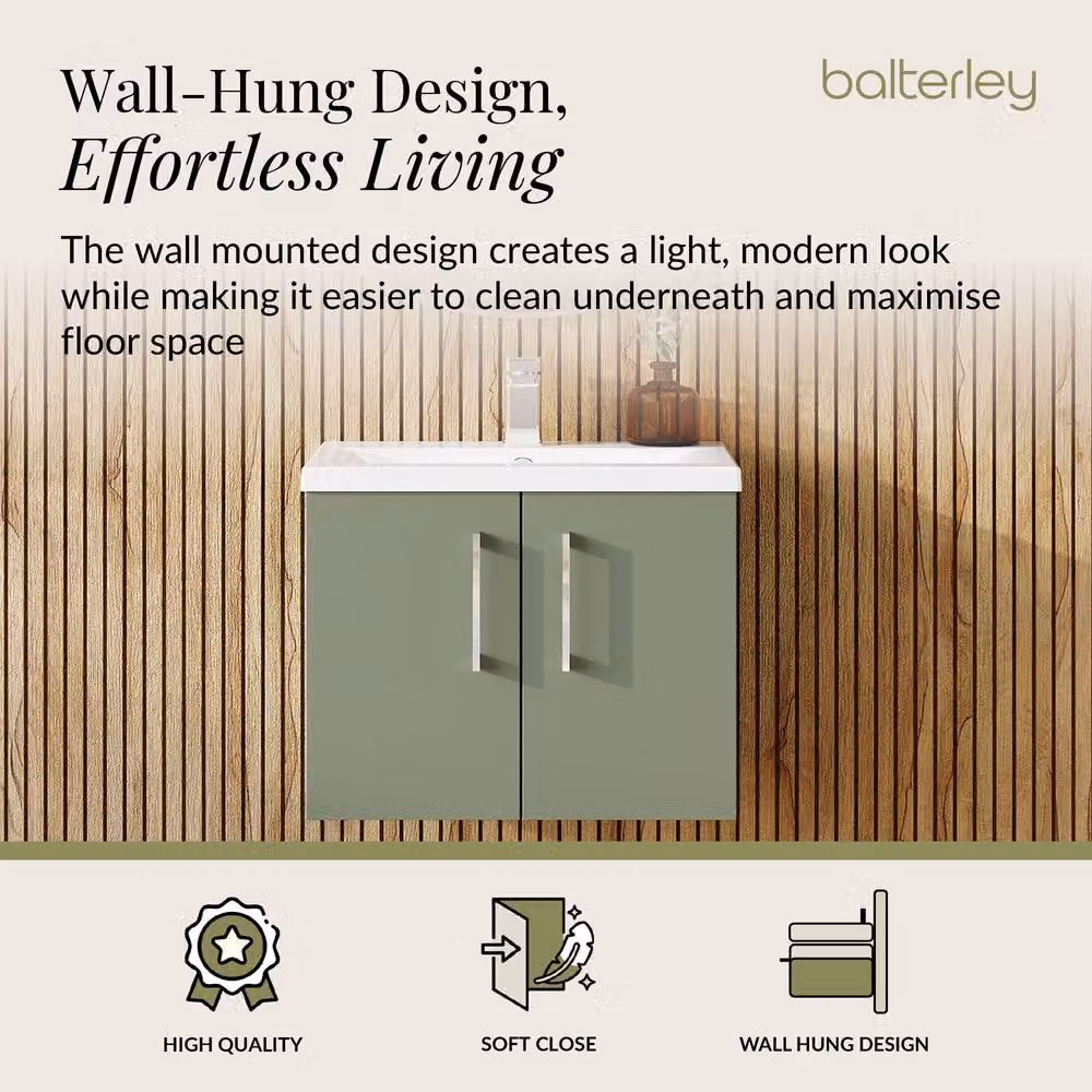 Balterley Contemporary Wall Hung Bathroom Vanity Unit with Mid-Edge Basin, Satin Green, W: 51.0 cm, D: 39.0 cm, H: 57.9 cm – 2
