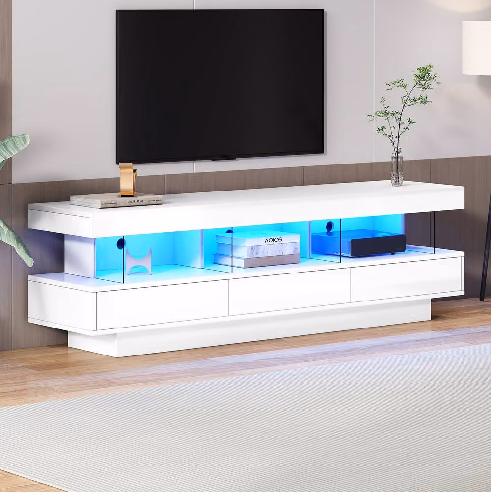 STILVORA White Glossy TV Stand with LED Lights, 3 Drawers and Open Storage – 2