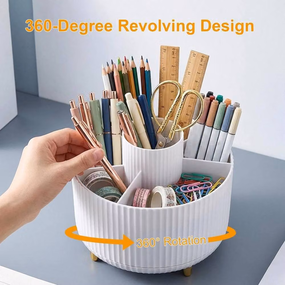 NESTLUNE 360 Degree Rotating Desktop Storage Box, 5-Grid White Plastic Pen Holder – 2