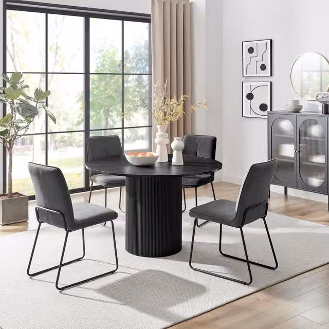 FurnitureboxUK Penrose Black Round Dining Table and 4 Halleyy Dark Grey Chairs