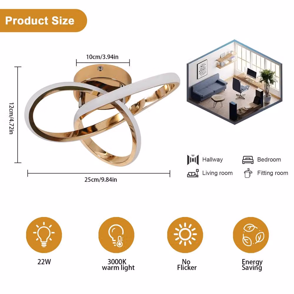 Pheashine Gold LED Ring Ceiling Light, 22W Warm White Modern Indoor Fixture – 2