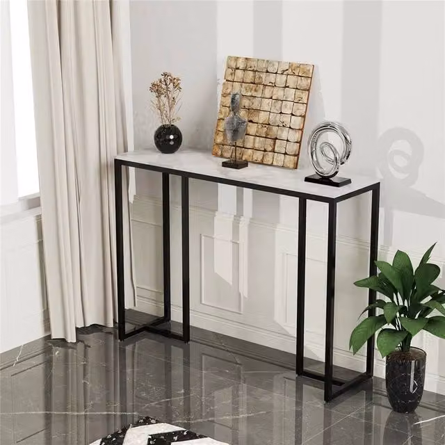 PAWNORA Modern White Marble Home Console Table with Sled Base