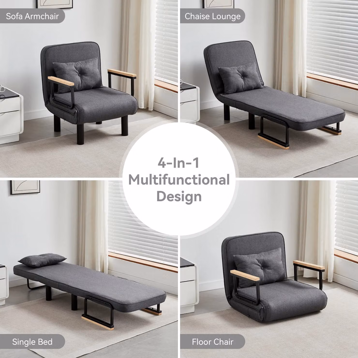 MCC Direct 4 in 1 Folding Single Sofa Bed Convertible Lounge Sleeper Chair with Adjustable Backrest and Large Cushion, Grey – 2