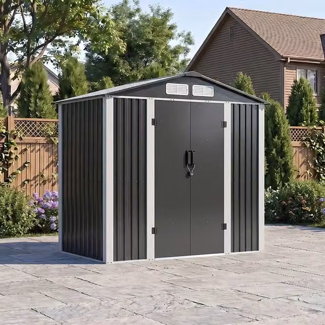 Living and Home Metal Garden Storage Shed with Lockable Door, Black, W: 182.88 cm, D: 121.92 cm, H: 181.0 cm