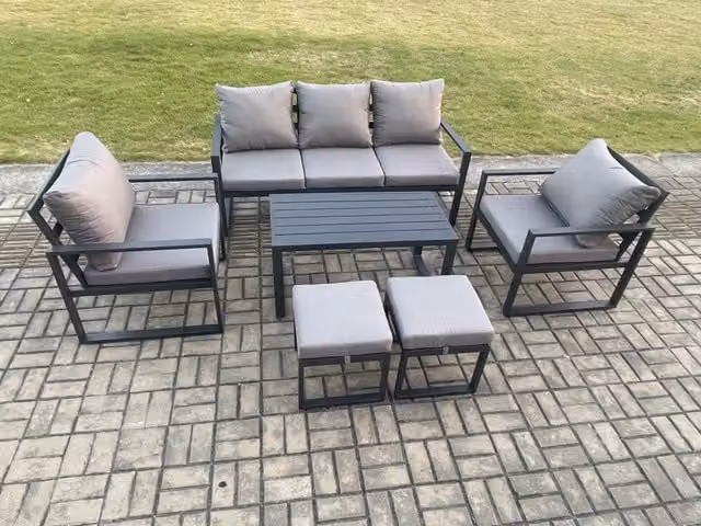 Fimous 7 Seater Modern Aluminium Outdoor Furniture Set in Dark Grey with 3 Seater Sofa, Coffee Table, 2 Armchairs and 2 Ottomans